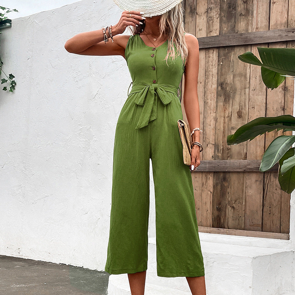 V-neck Temperament Commute Waist Slimming One-piece Trousers