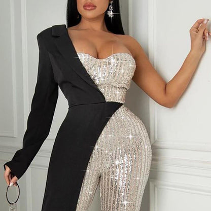 Women's Silver Stitching Sequined One-shoulder Fashionable Sequins Jumpsuit