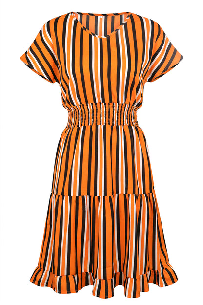 Multi-section stitching striped ruffle dress