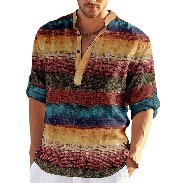 Spring And Autumn Simplicity Color Matching 3D Printed Stand Collar Men's Casual Shirt