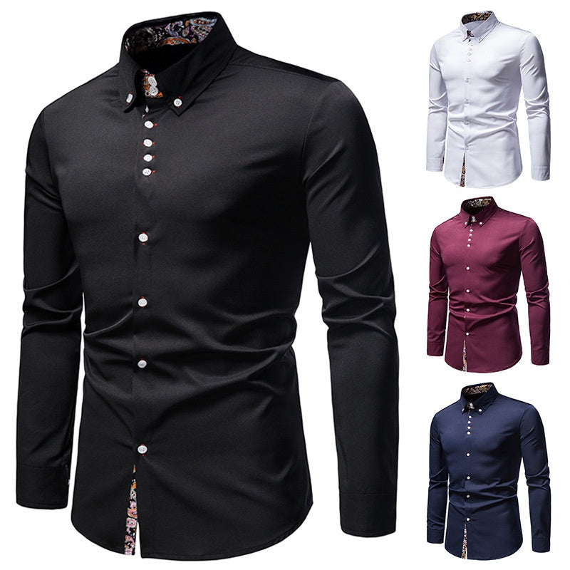 Men's Long-sleeved Shirt Lapel Slim-fit Assorted Colors Polyester Shirt