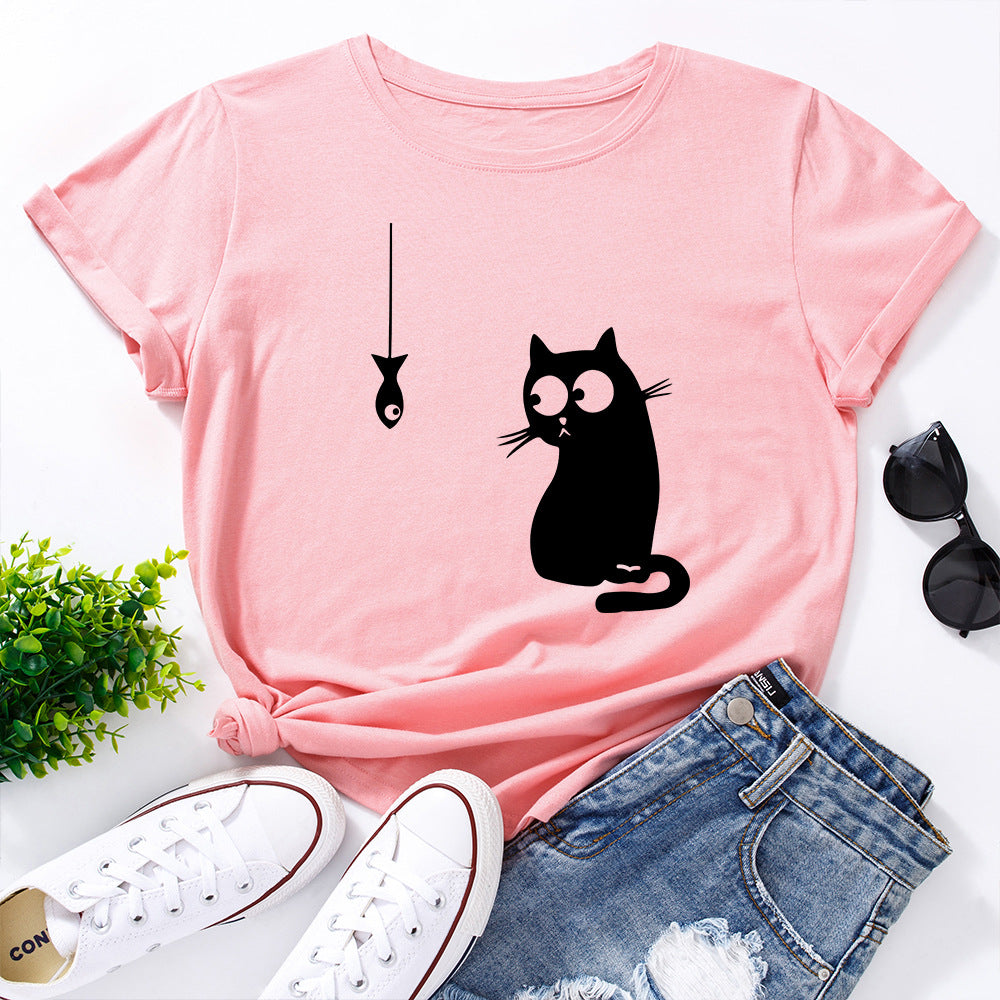 Women's Cute Cat Loose Round Neck Cotton Short Sleeve