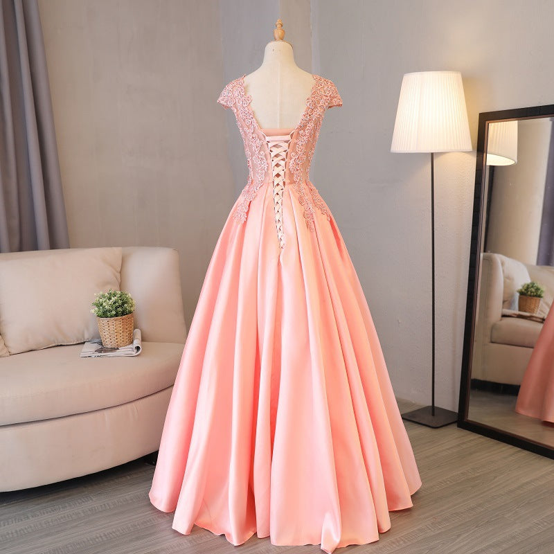 Lace Sticker Pink Evening Dress V-Neck Sleeveless Prom Party