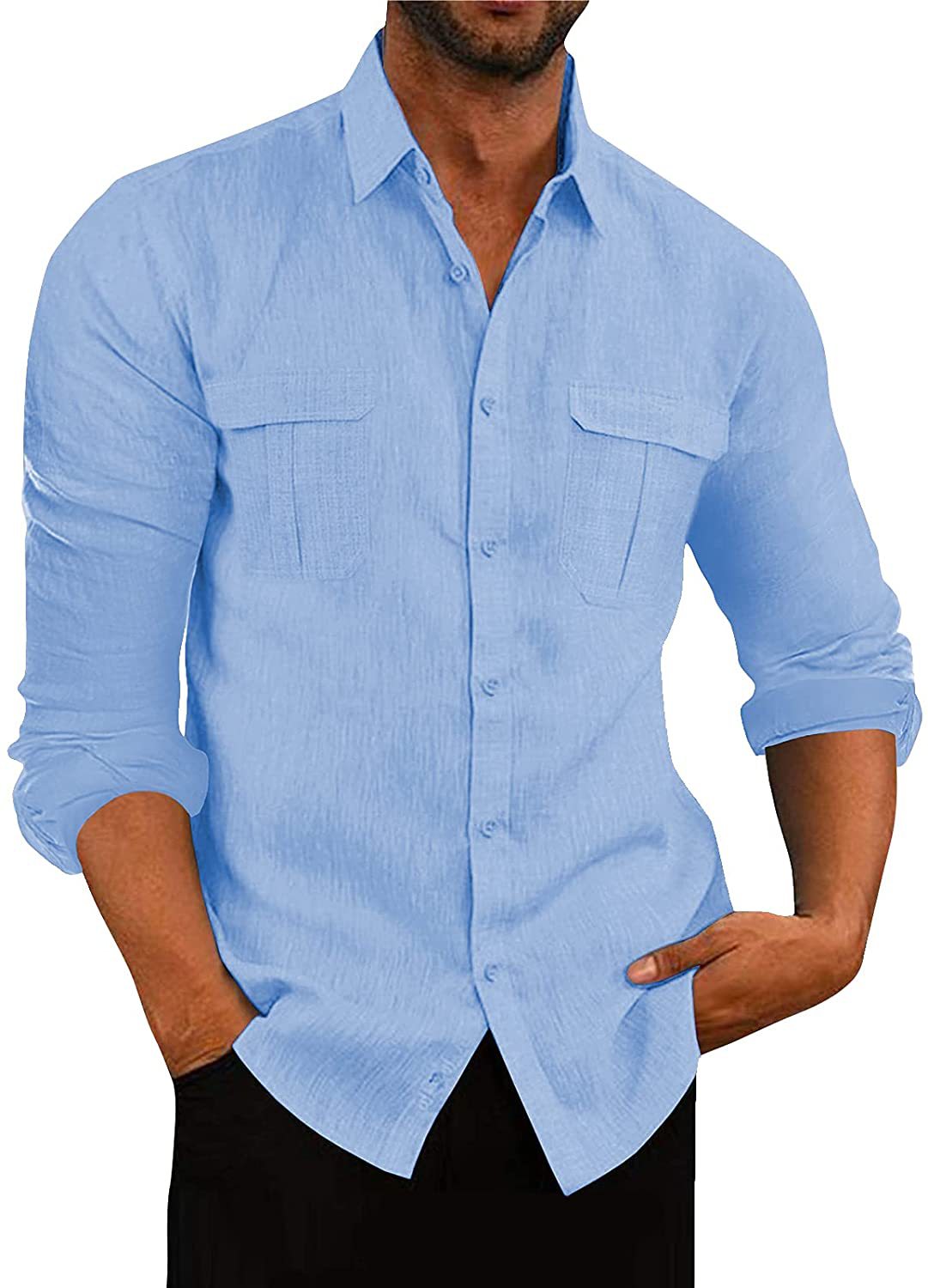 European And American Men's Shirt Double Pocket Cotton Linen