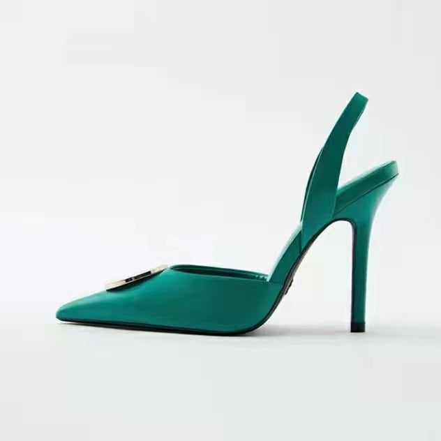 Stiletto Pointed Toe Back Strap Green Buckle High Heel Sandals Women