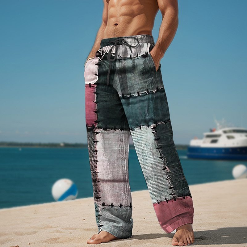 Men's Drawstring Mid-waist Plaid 3D Printing Straight-leg Trousers