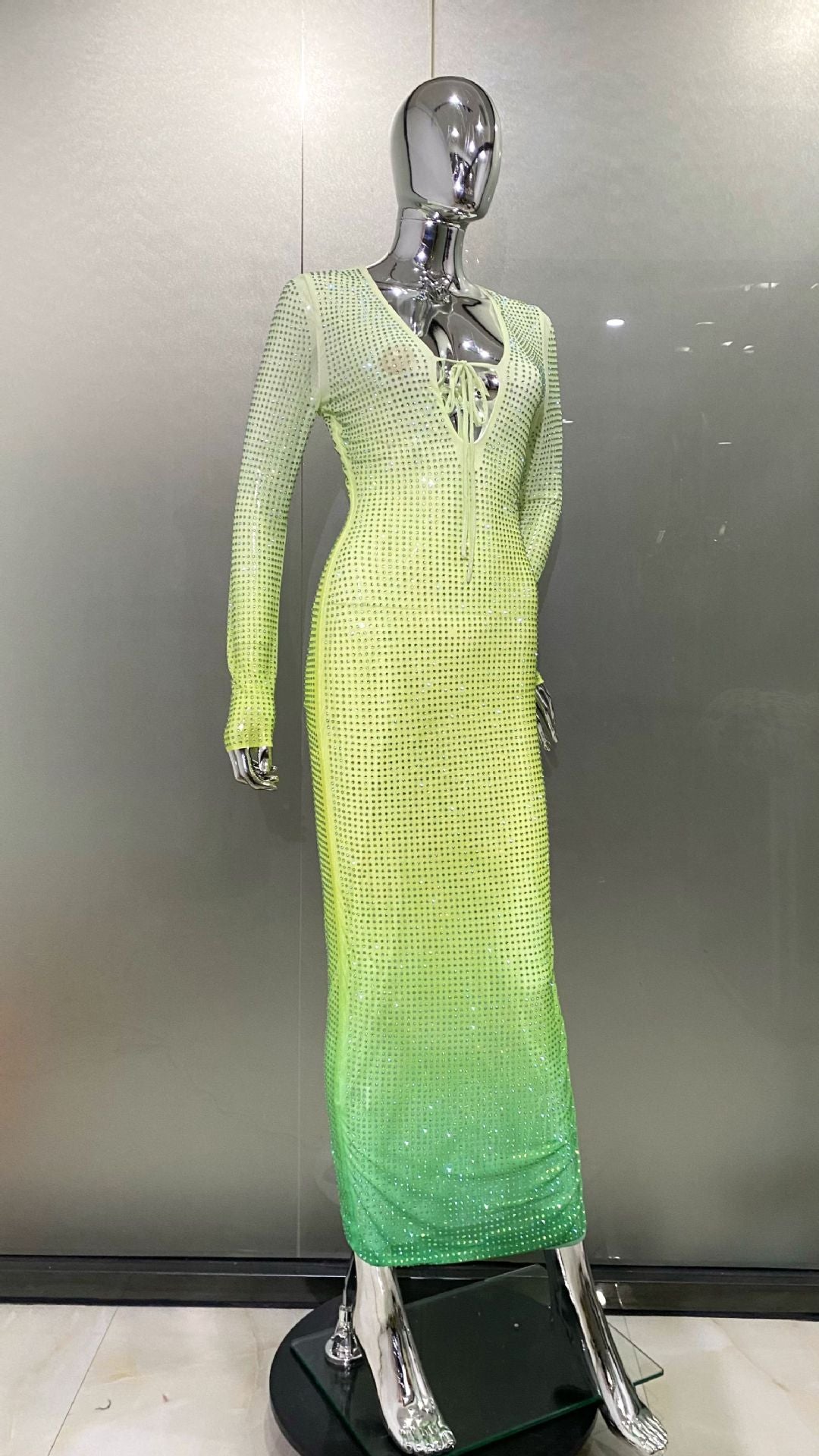 Gradient Green Shiny Rhinestone Deep V Sheath Dress