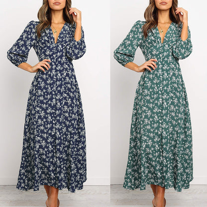 Printed V-neck long sleeve chiffon dress