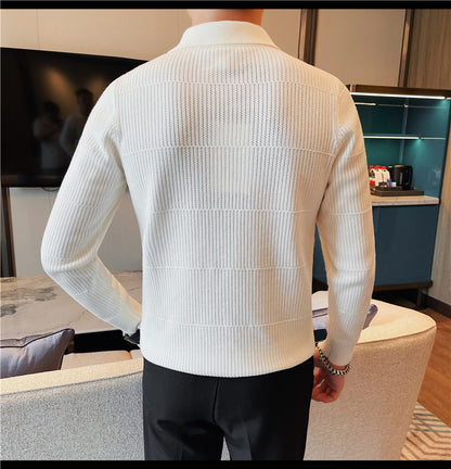 Men's Korean-style Knitted Sweater White Boy's Undershirt Texture Slim Lapel Sweater