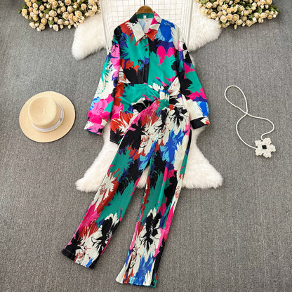 Loose Long-sleeved Single-breasted Shirt Two-piece High Waist Slimming Tie-dyed Printed Wide-leg Pants