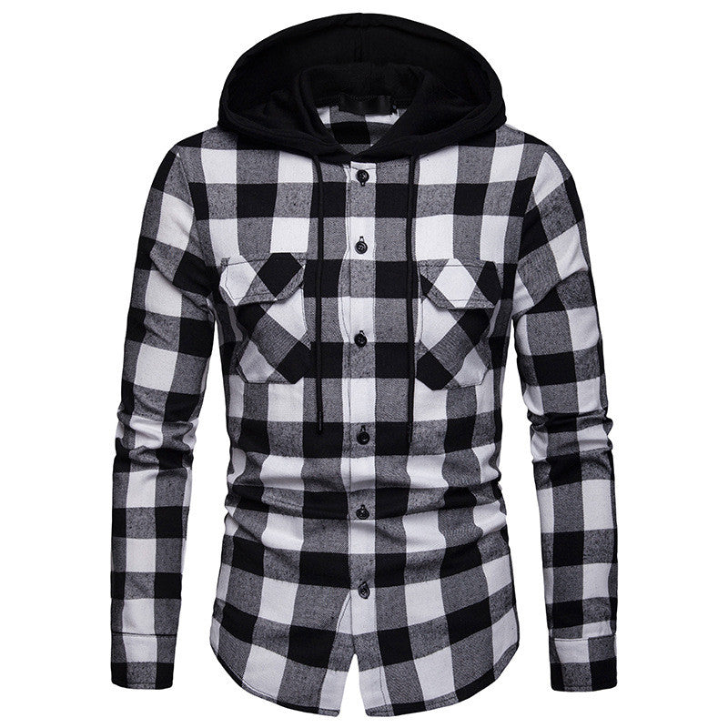 Spring and Autumn Plaid Casual Hooded Long Sleeve