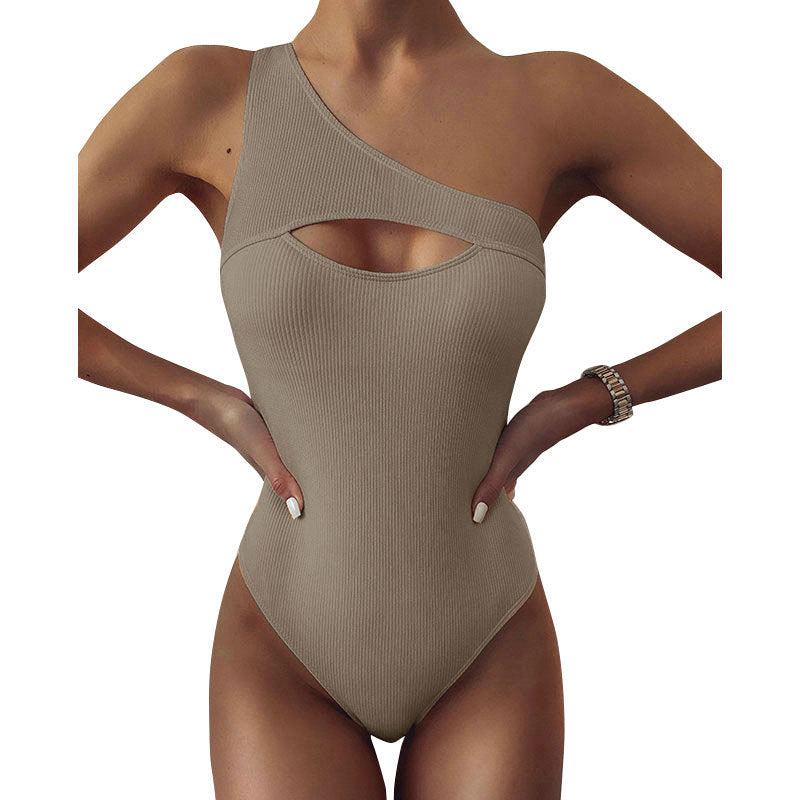 New Bikini Solid Color One-shoulder One-piece Swimsuit Women