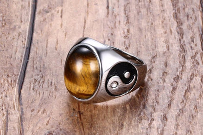 Vintage Men Boy Oval Tiger Eye Brown Stones with Yin Yang Symbol Ring in Stainless Steel Jewelry Mens Accessories Anel Aneis