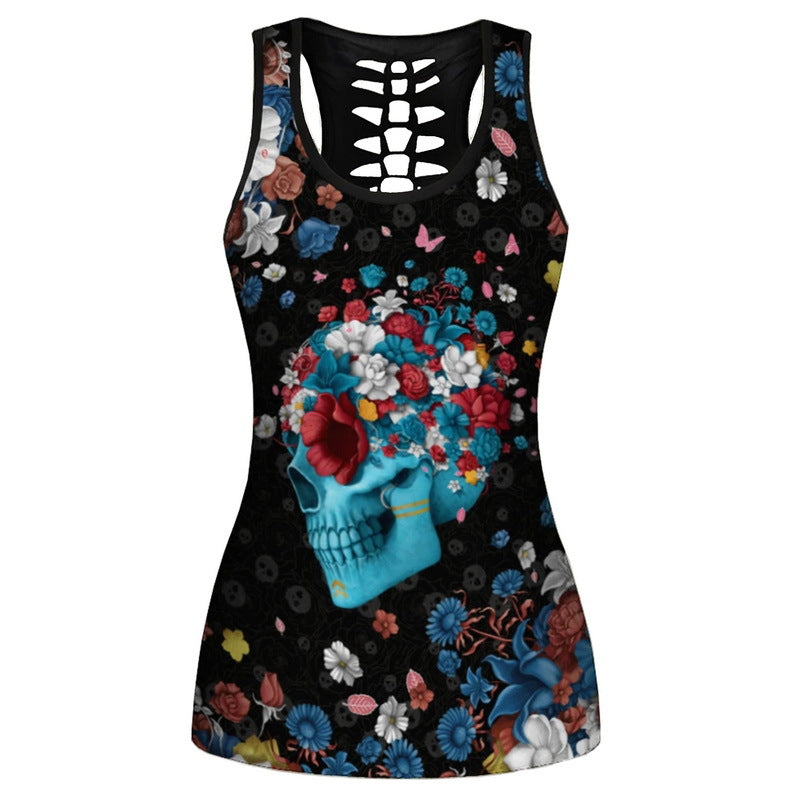 Printed Ladies Hollow Vest Leggings Casual Sports Suit