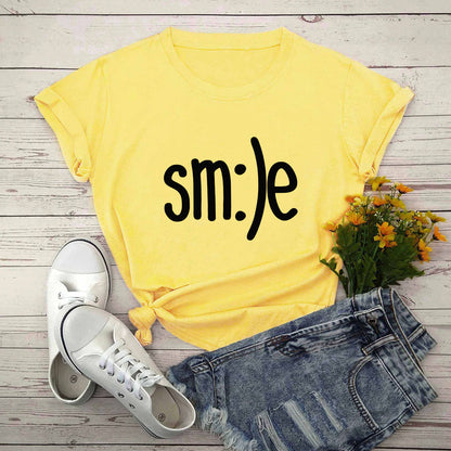 S-5XL Plus Size TShirt Women New Smile Letter Printed Shirt O Neck Short Sleeve Tees Summer Top 100%cotton Women's T-shirts