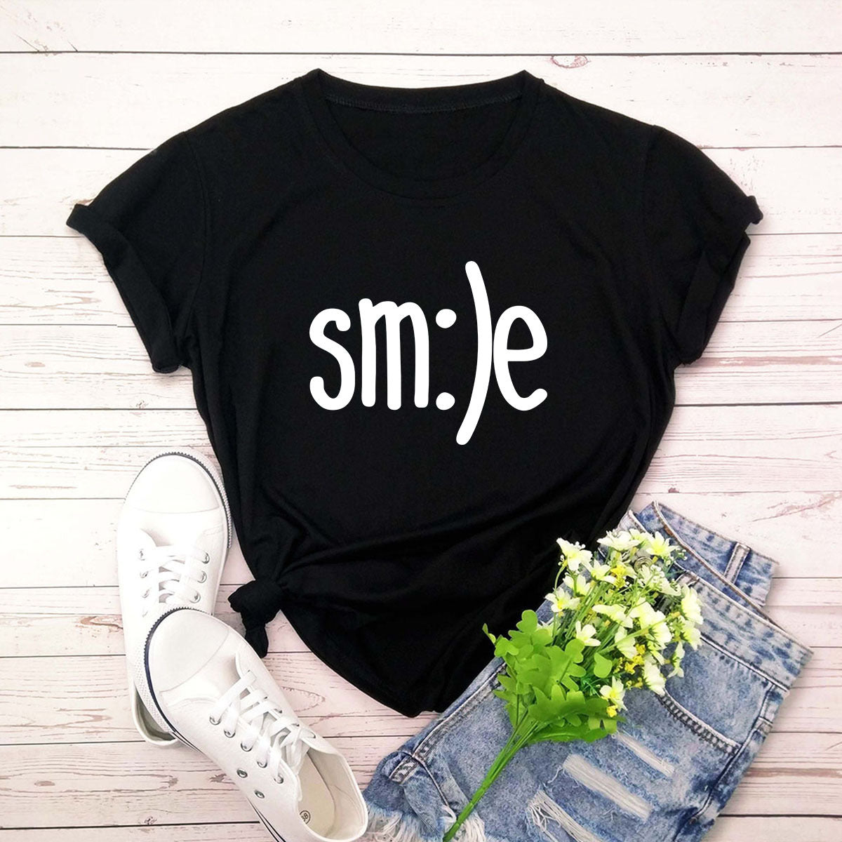 S-5XL Plus Size TShirt Women New Smile Letter Printed Shirt O Neck Short Sleeve Tees Summer Top 100%cotton Women's T-shirts