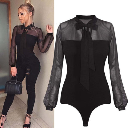 Black Bow Lace Mesh Long Sleeve One-piece See-through Shirt