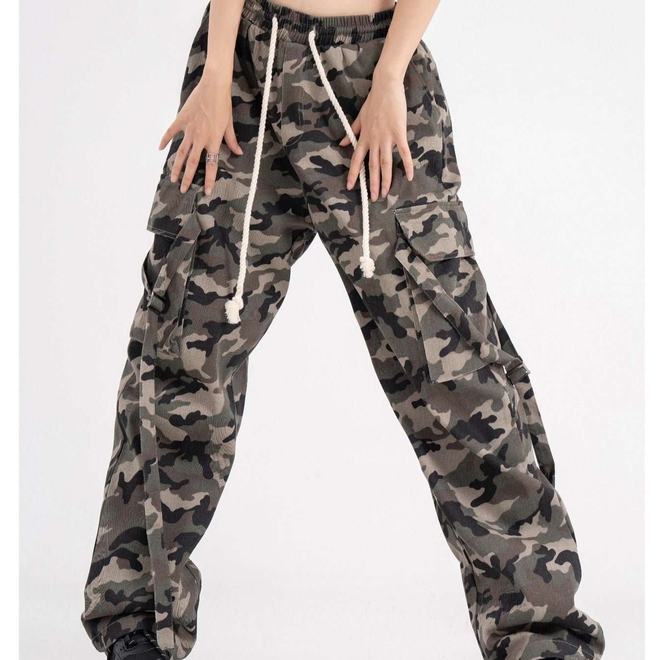 High Street Elastic Waist Camouflage Workwear Wide Leg Trousers