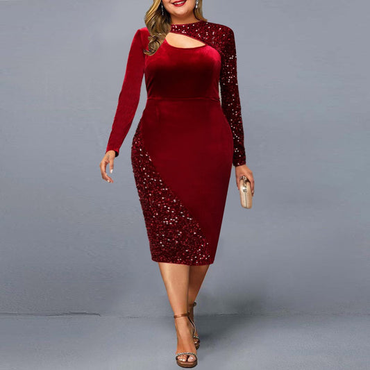 Women's Sequin Stitching Gold Velvet Irregular Dress