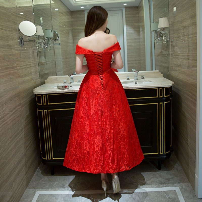 Short shoulder red evening dress