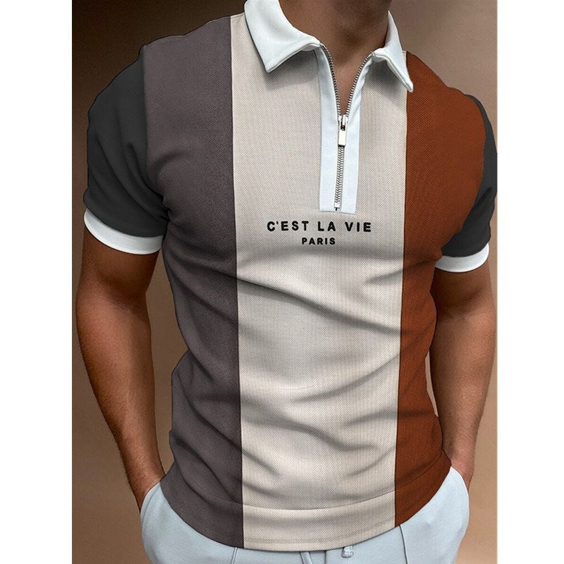 Men's Summer Polo Zipper Color Matching Sports Polo Shirt