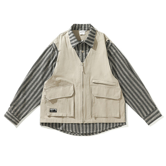 American Fashion Brand Striped Stitching Fake Two Pieces Shirts Ins Design Jacket