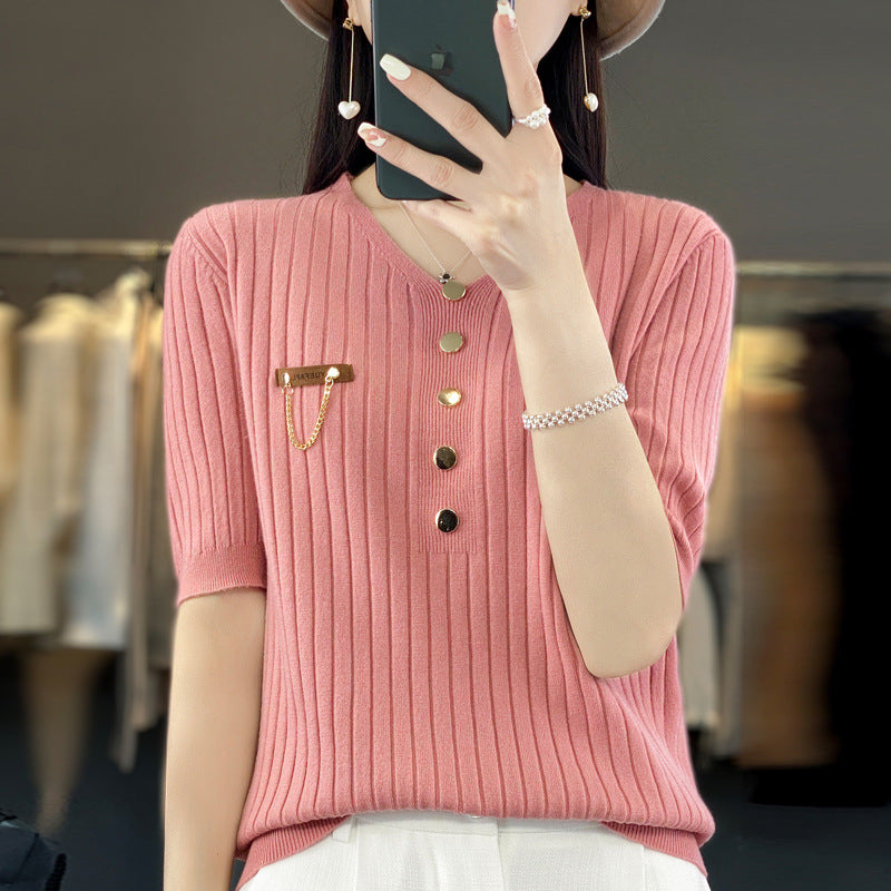 Women's Fashionable V-neck Solid Color Single-breasted Sweater Top