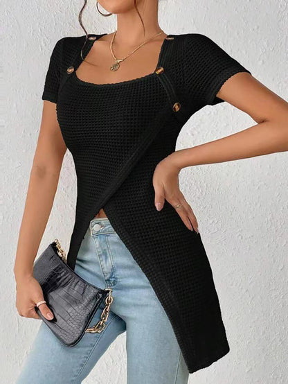 Women's Waffle Button Trim Long Hem Slit Top