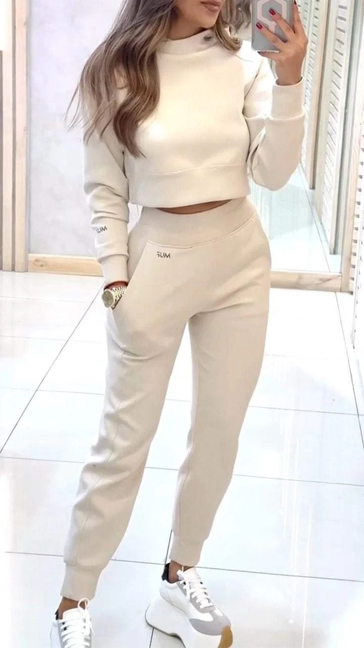 Stand Collar Sports Suit Fashion Pullover Long-sleeves Short Top And Slim Trousers With Pockets Solid Outfits Women's Clothing - Glamour Gale sports suit