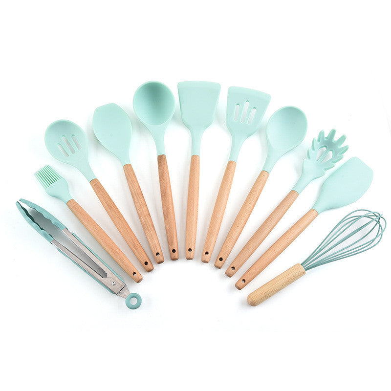 Silicone 11Pcs Kitchen Cooking Utensil Set  Non-stick Spatula Heat Resistant Wooden Handle