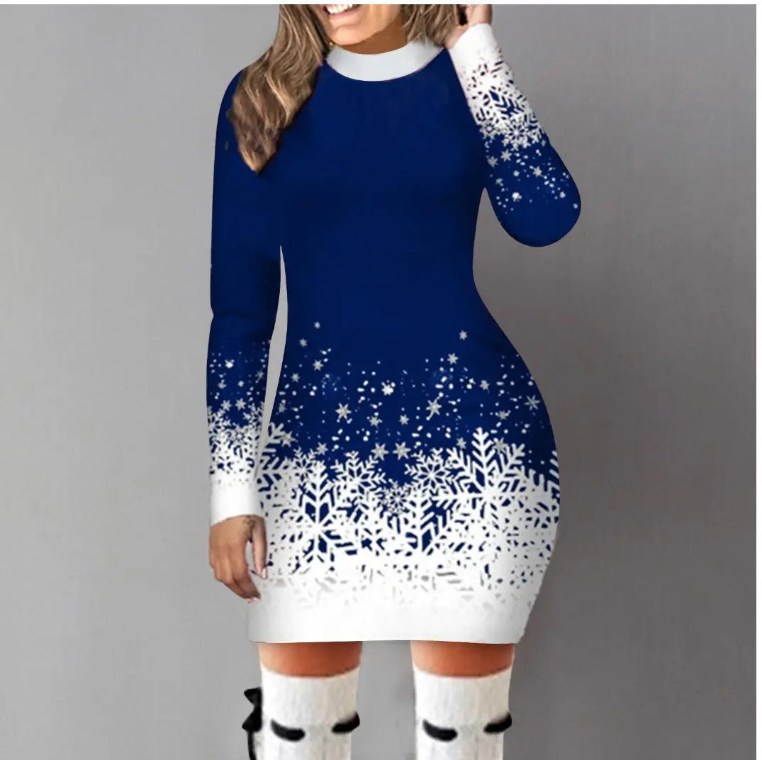 European And American Christmas Printed Long Sleeve Dress A-lineskirt Women Glamour Gale