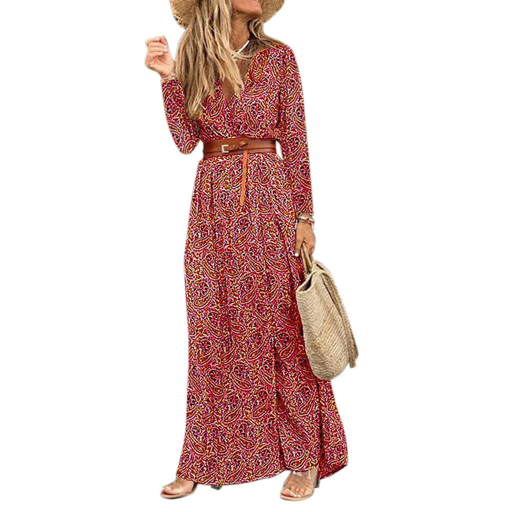 Long Sleeve V-neck Bohemian Floral Dress