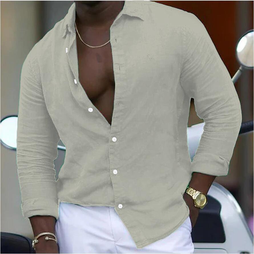 Cotton And Linen New Men's Long-sleeved Shirt Solid Color Casual Polo Collar Shirt