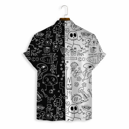 New Abstract Black And White Stitching Line Men's Casual Loose Shirt