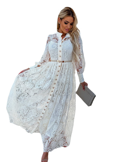 Lace Hollow All-matching Casual Lace Up Commuter Ins Style Long Shirt Dress