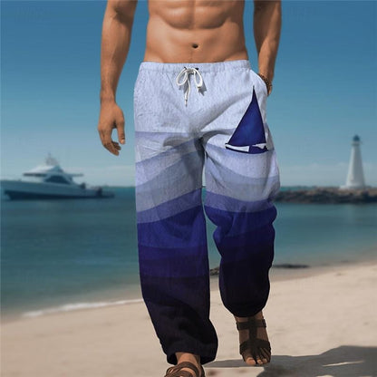 Men's Drawstring Mid-waist Plaid 3D Printing Straight-leg Trousers