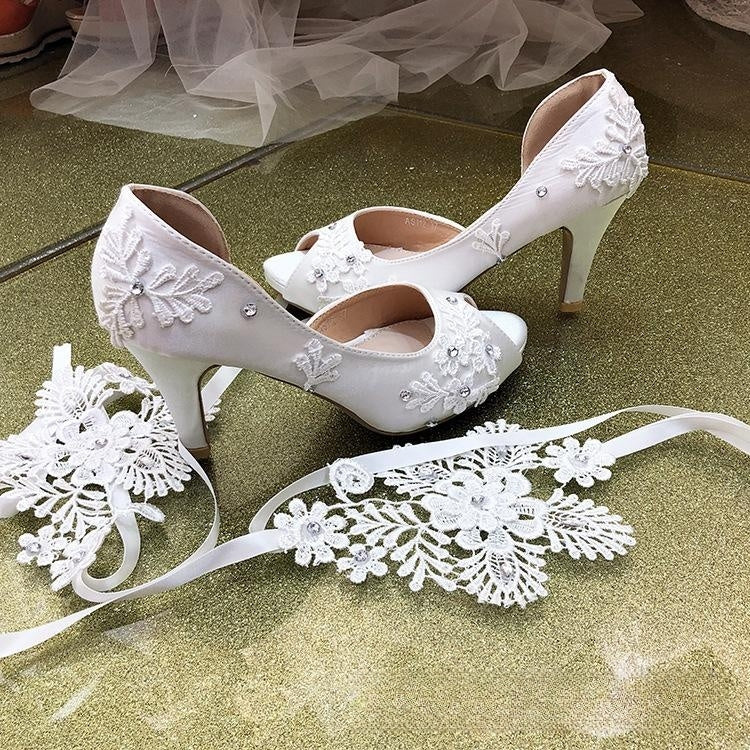 New White Lace Flower Ribbon Stiletto Wedding Shoes