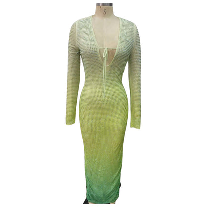 Gradient Green Shiny Rhinestone Deep V Sheath Dress