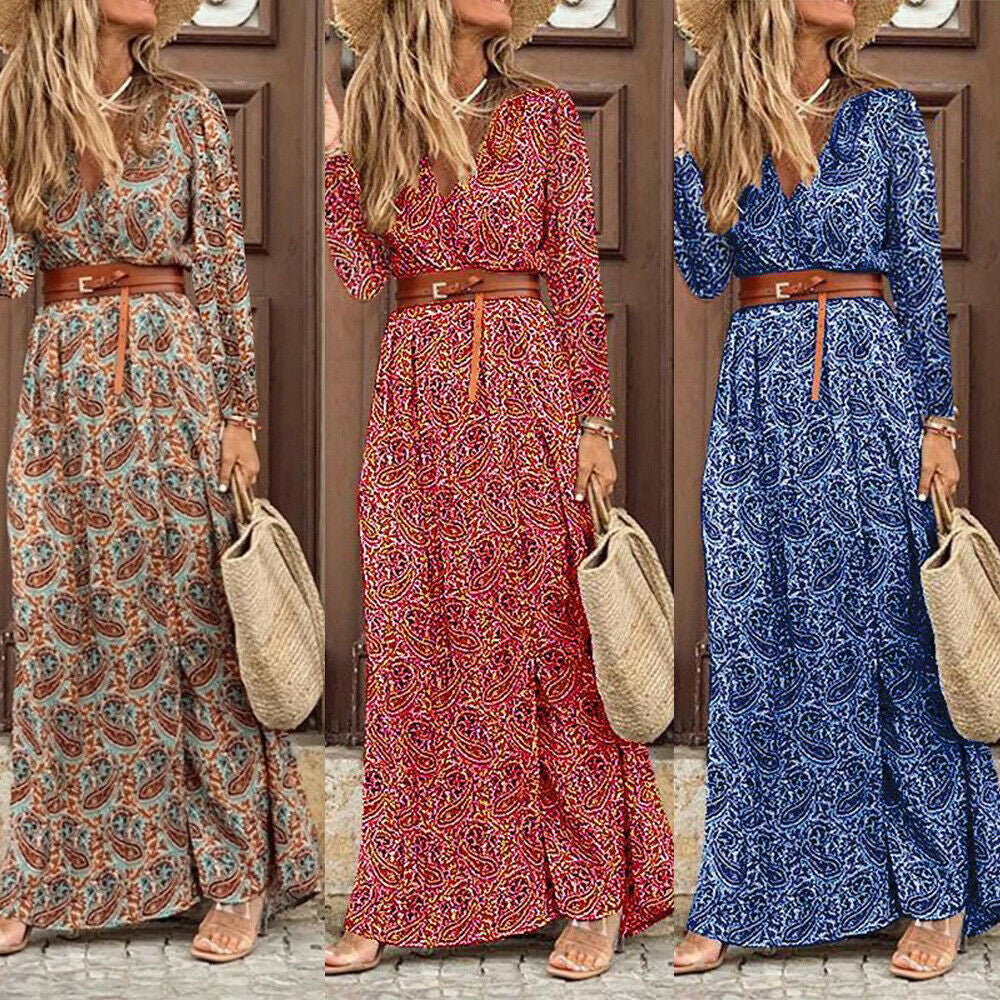 Long Sleeve V-neck Bohemian Floral Dress