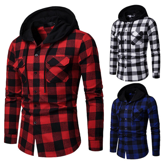 Spring and Autumn Plaid Casual Hooded Long Sleeve