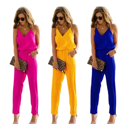 Amazon Summer Seamless V-neck Brace Jumpsuit New Sleeveless Solid Color Chiffon Trousers