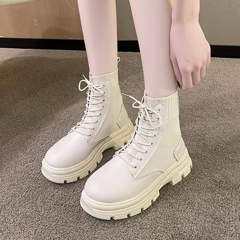 British Style Round Head Lace-up Knitted Mouth Casual Martin Boots Women