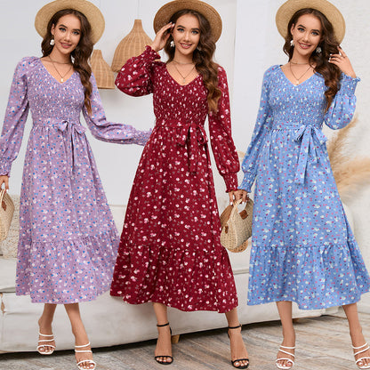 Women's All-matching Slim Fit Slimming Bubble Long Sleeve V-neck Floral Long Dress