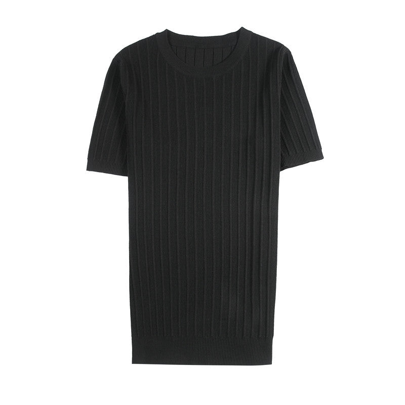 Slim-fit High Elastic Pleated Striped Short-sleeved Top For Men