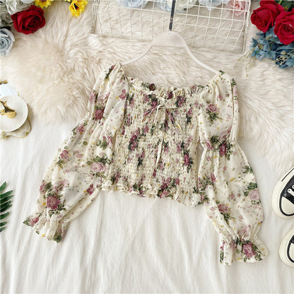 One-shoulder floral lace-up ruffled chiffon shirt