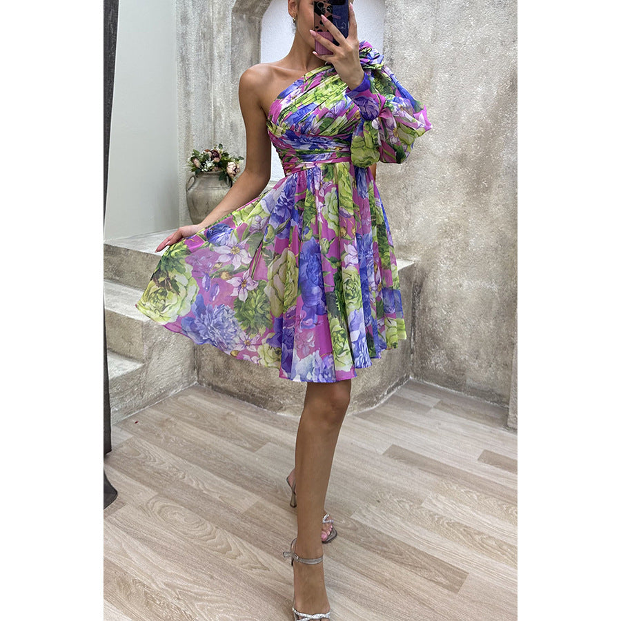 European And American New Slant Shoulder Casual Women's Printed Wear Dress INS