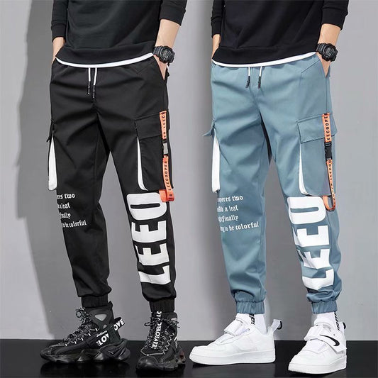 Functional Men's Summer Thin Trendy Letter Printing Multi-pocket Ankle Banded Pants