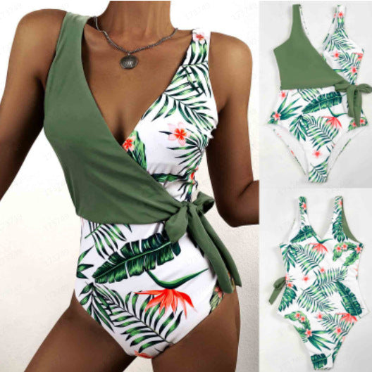 Sexy One Piece Swimsuit Printed Leaves Conservative Green Deep