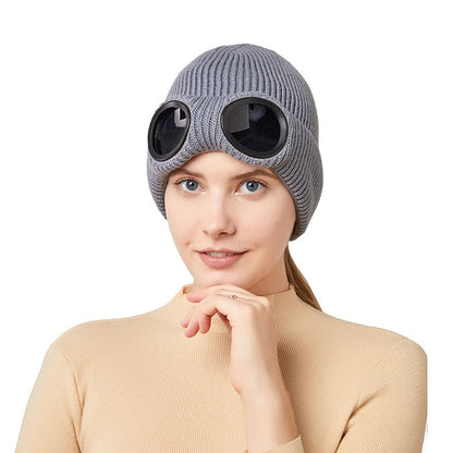 Warm Knitted Woolen Hats With Windproof Glasses