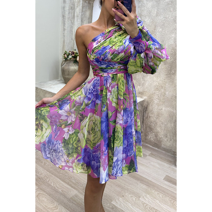 European And American New Slant Shoulder Casual Women's Printed Wear Dress INS